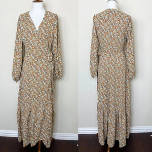 Molly Bracken Enola Wrap Boho Floral Long Dress Size Medium Cottagecore Khaki‎